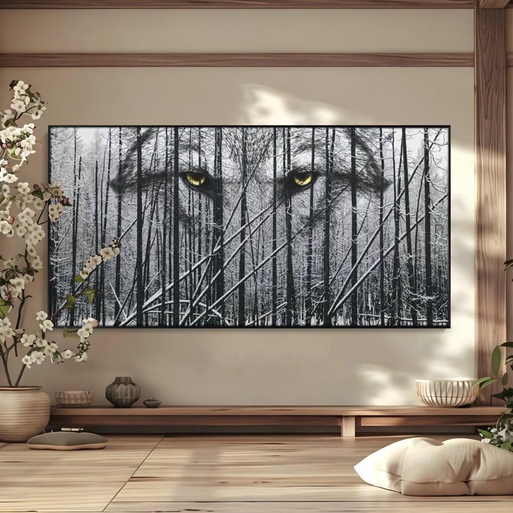 Tablou canvas cu tablou canvas cu ochi de lup si padure iarna, in rama de aluminiu negru